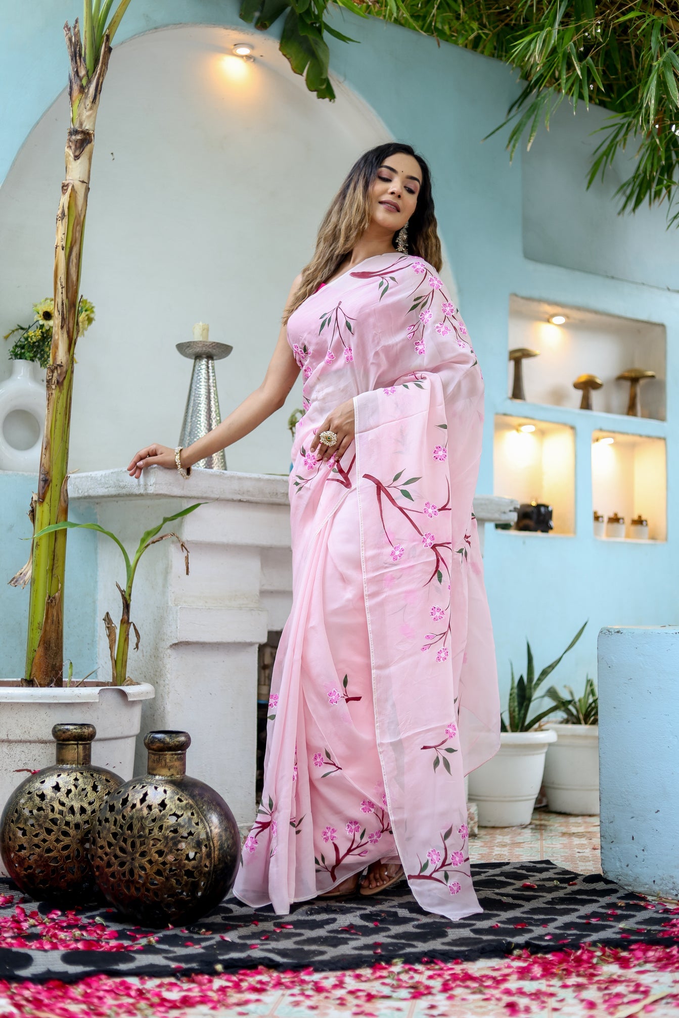 One Minute Ready To Wear Cherry Blossom Floral Hand painted Organza Saree