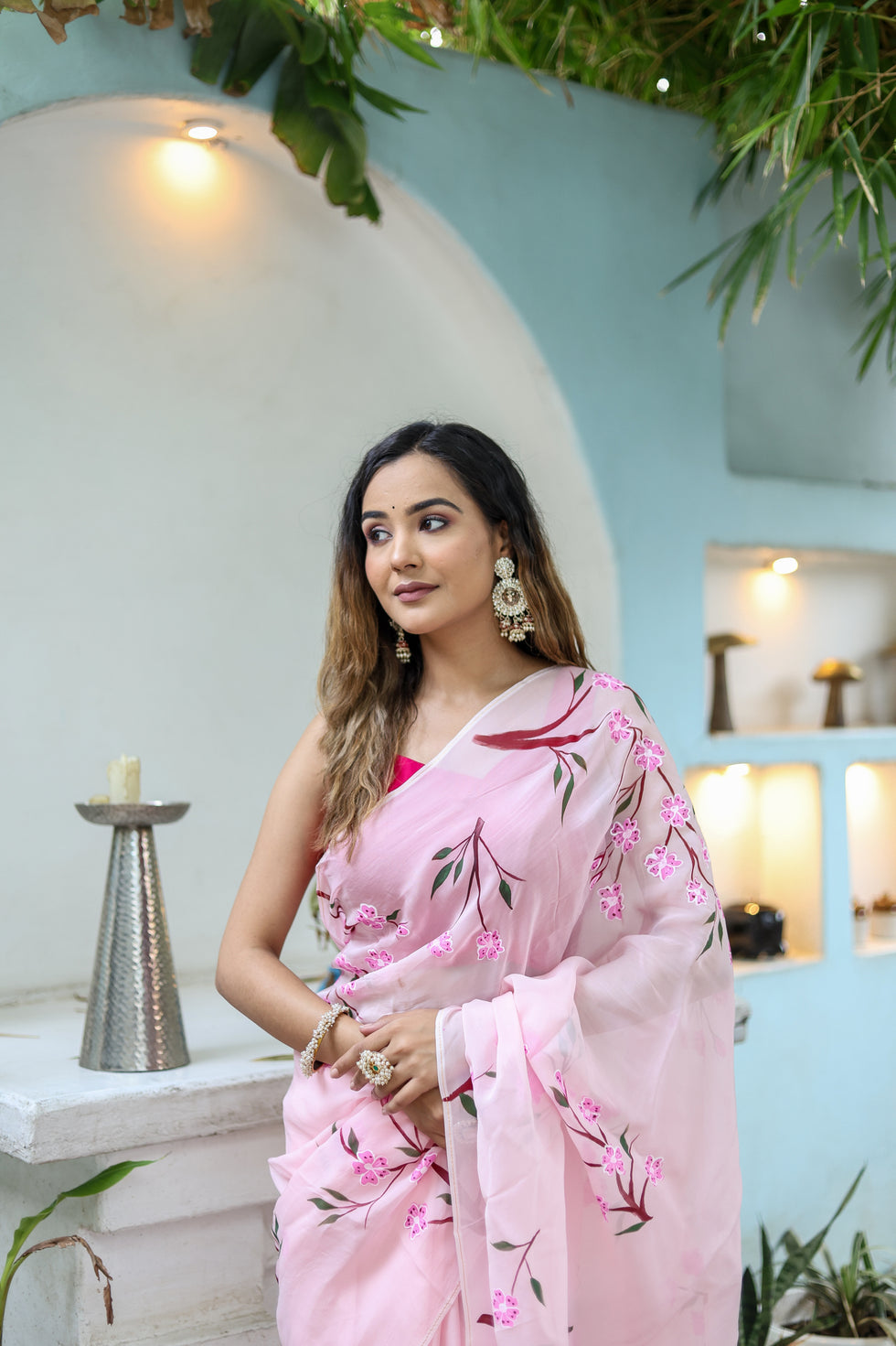 One Minute Ready To Wear Cherry Blossom Floral Hand painted Organza Saree