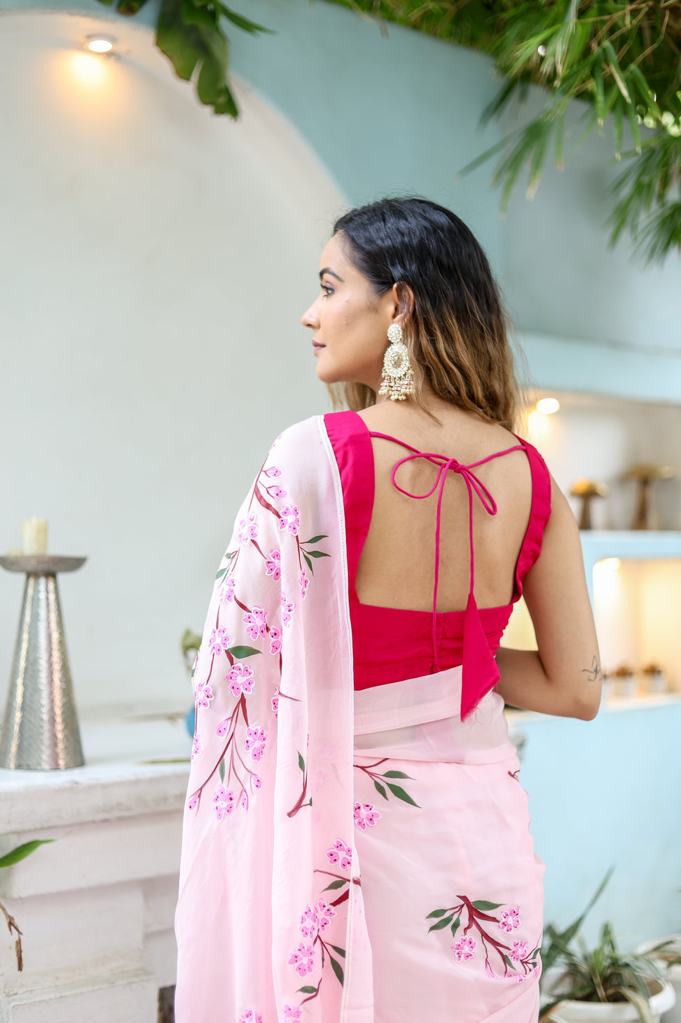 One Minute Ready To Wear Cherry Blossom Floral Hand painted Organza Saree