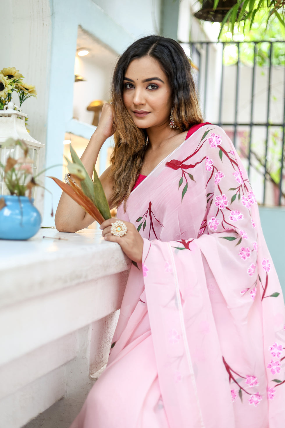 One Minute Ready To Wear Cherry Blossom Floral Hand painted Organza Saree