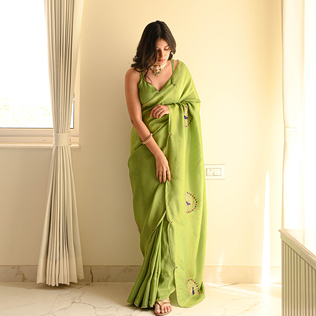 One Minute Ready To Wear Green Classic Heritage Tissue Saree With Stitch Blouse
