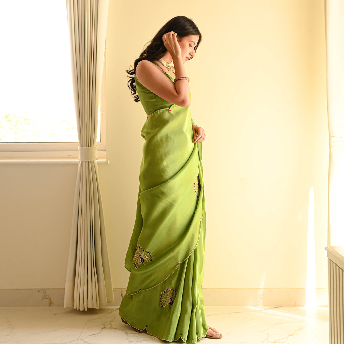 One Minute Ready To Wear Green Classic Heritage Tissue Saree With Stitch Blouse