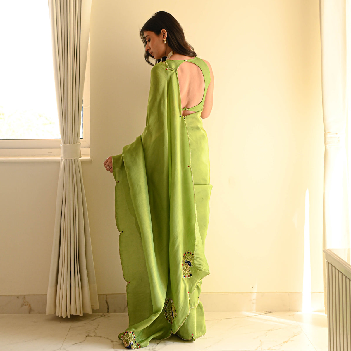 One Minute Ready To Wear Green Classic Heritage Tissue Saree With Stitch Blouse
