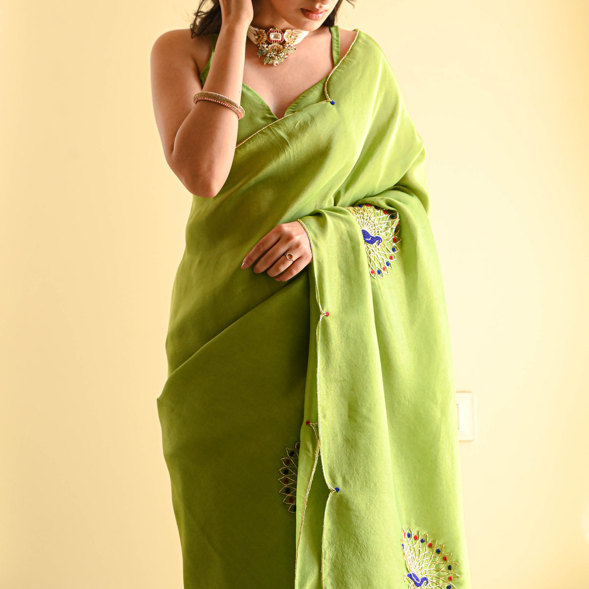One Minute Ready To Wear Green Classic Heritage Tissue Saree With Stitch Blouse