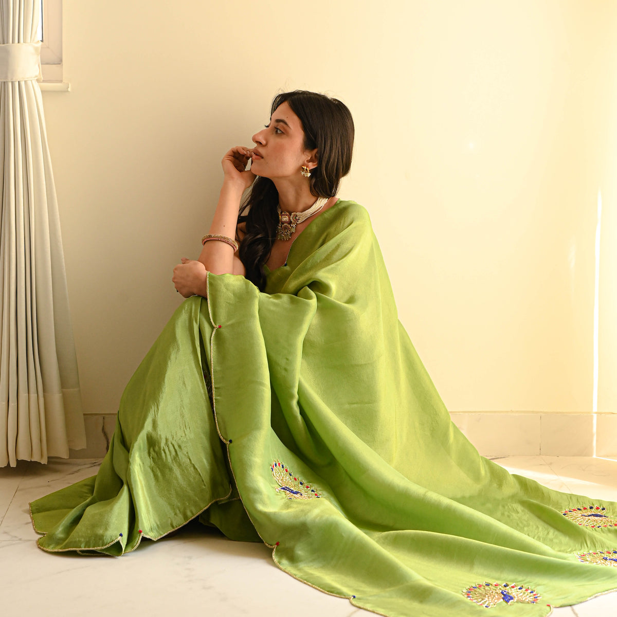 One Minute Ready To Wear Green Classic Heritage Tissue Saree With Stitch Blouse
