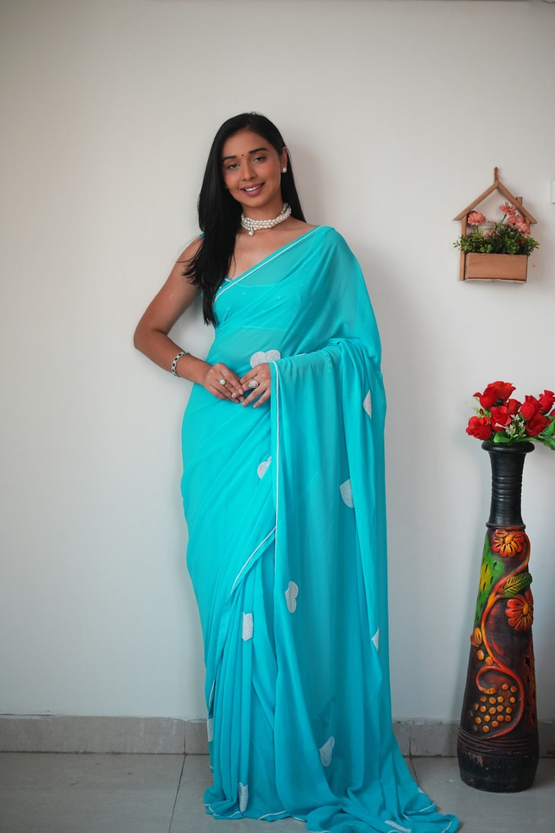 One Minute Ready To Wear Turquoise Elegance Delight Saree