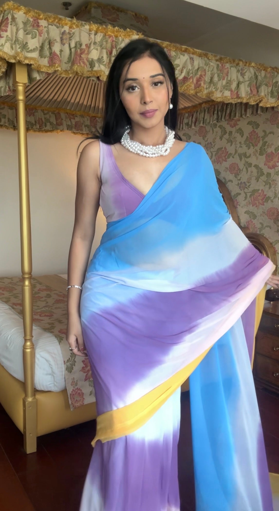 One Minute Ready To Wear  Ethereal Weave  Sapphire and Amethyst Saree