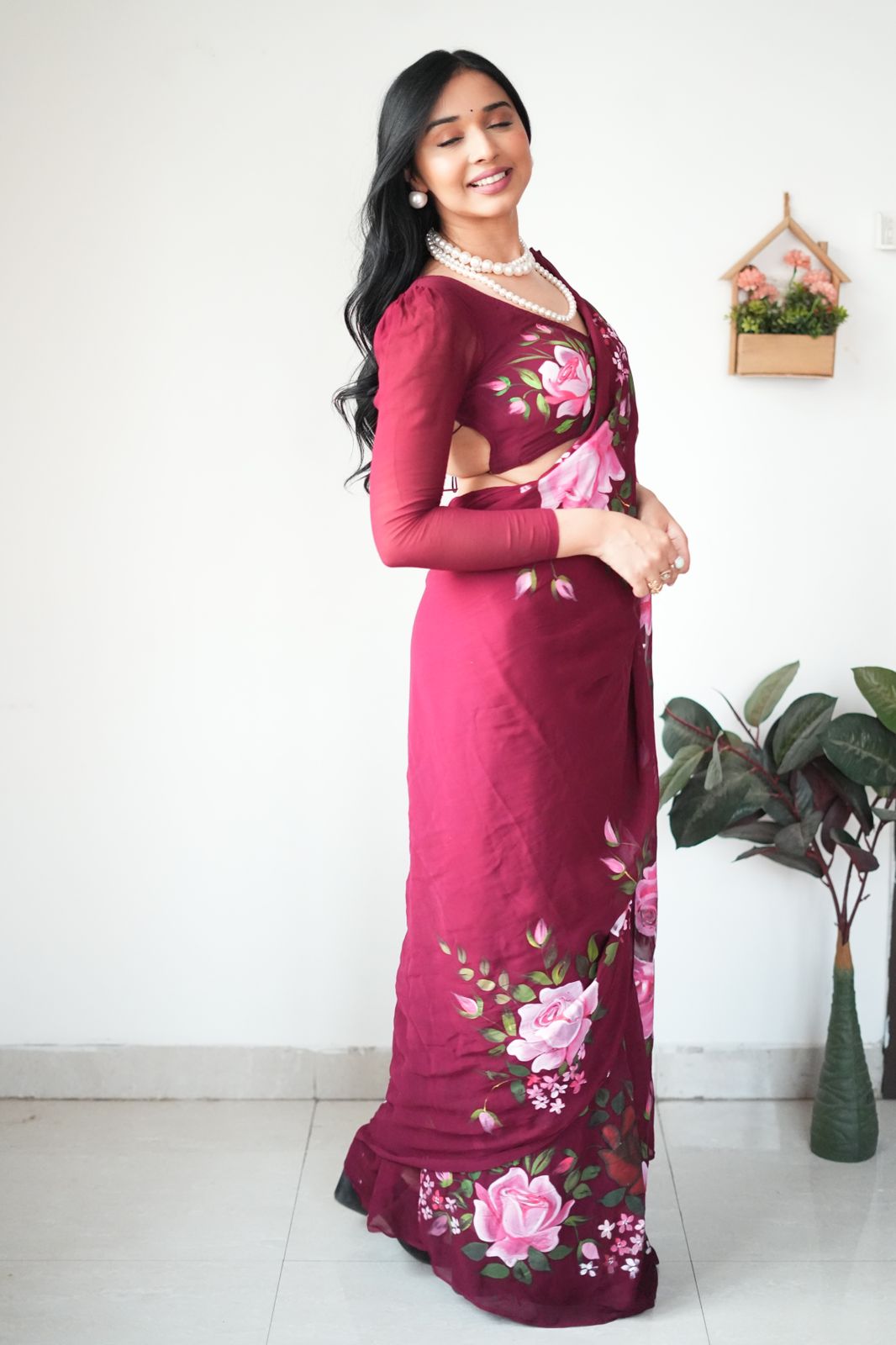 One Minute Ready To Wear Maroon Garden Delight Saree