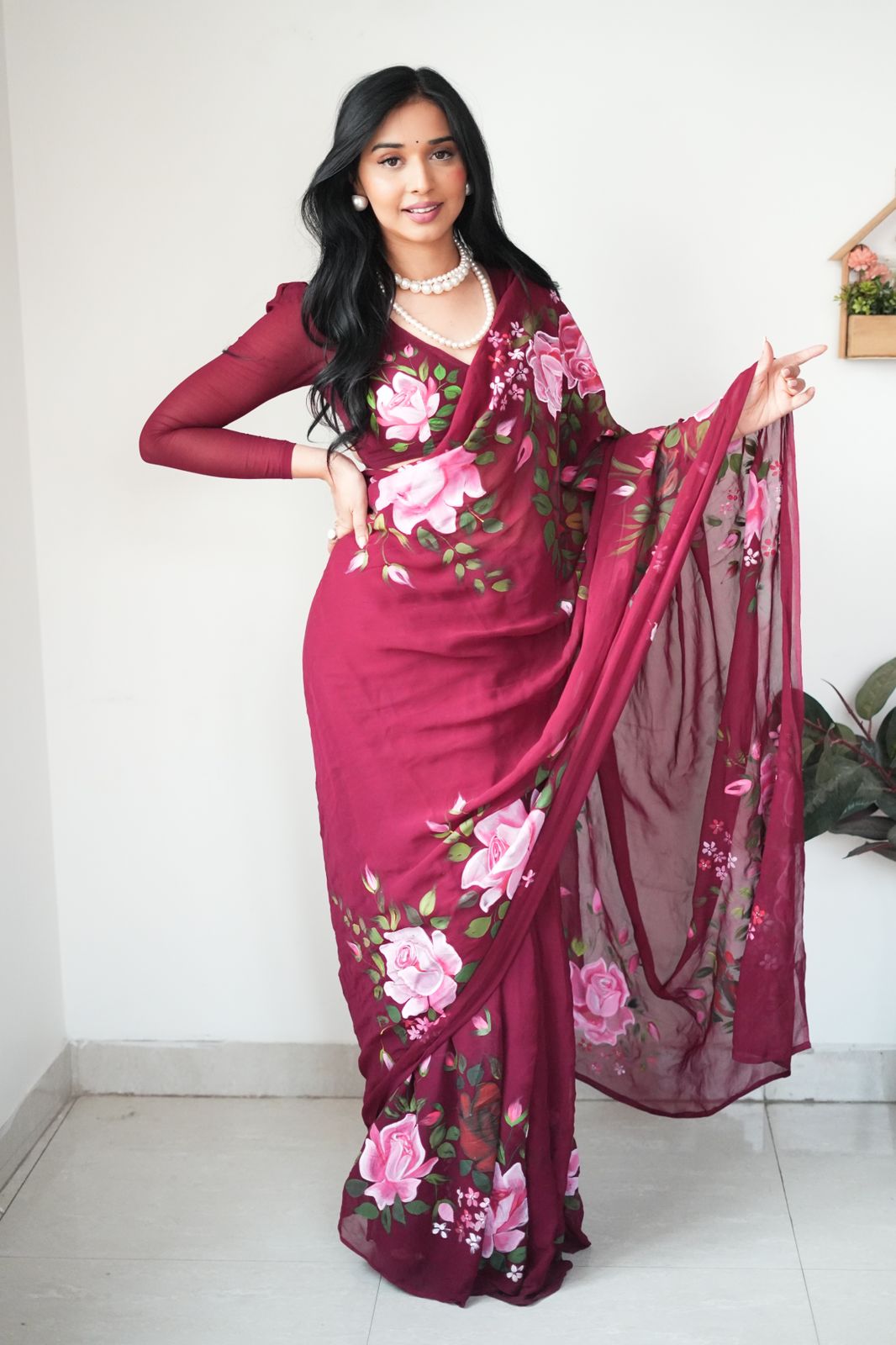 One Minute Ready To Wear Maroon Garden Delight Saree