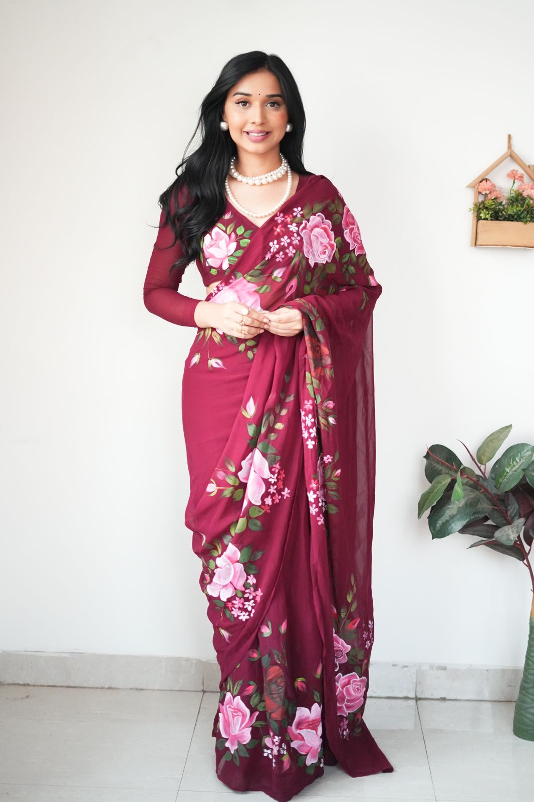 One Minute Ready To Wear Maroon Garden Delight Saree