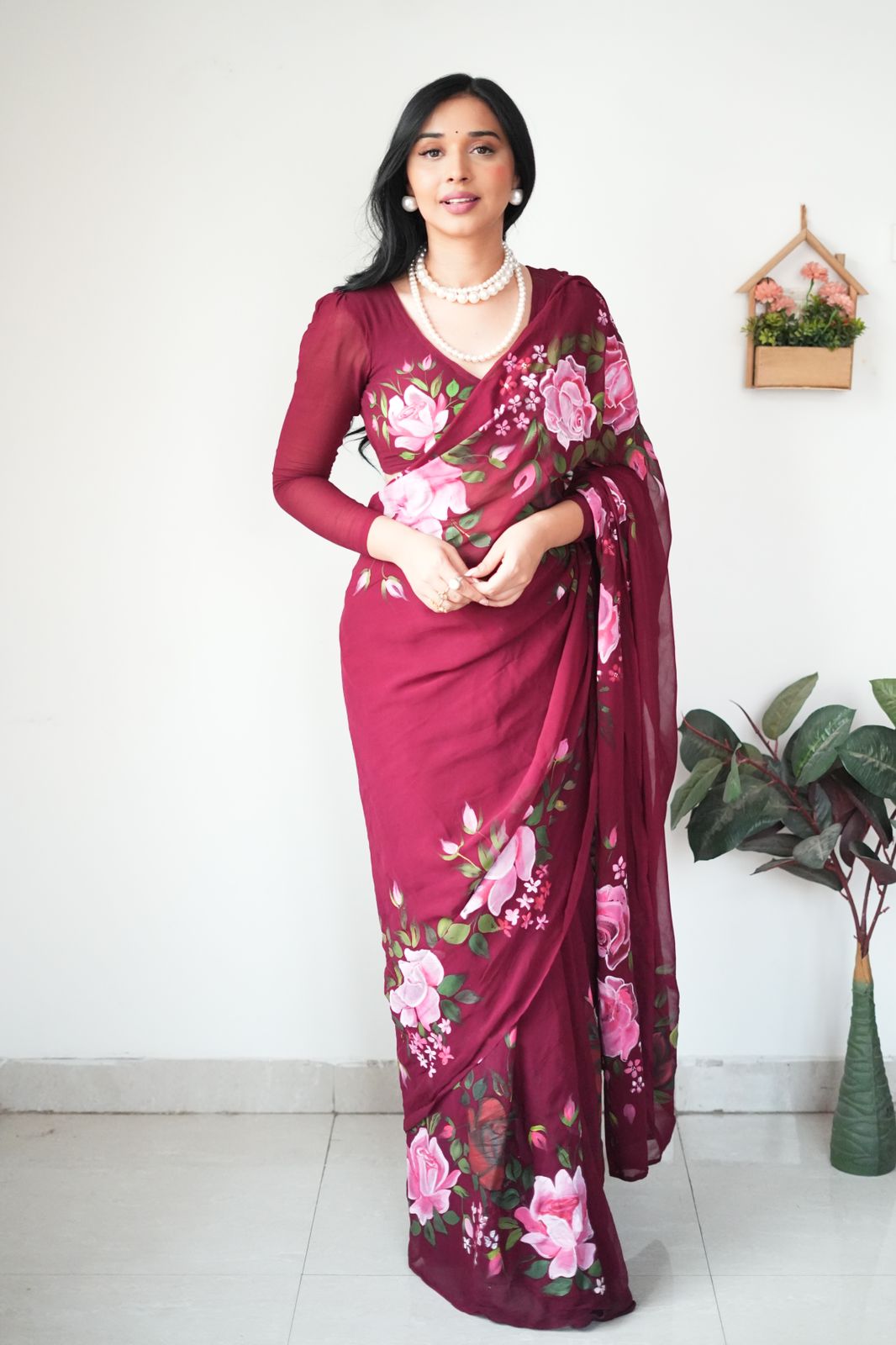 One Minute Ready To Wear Maroon Garden Delight Saree