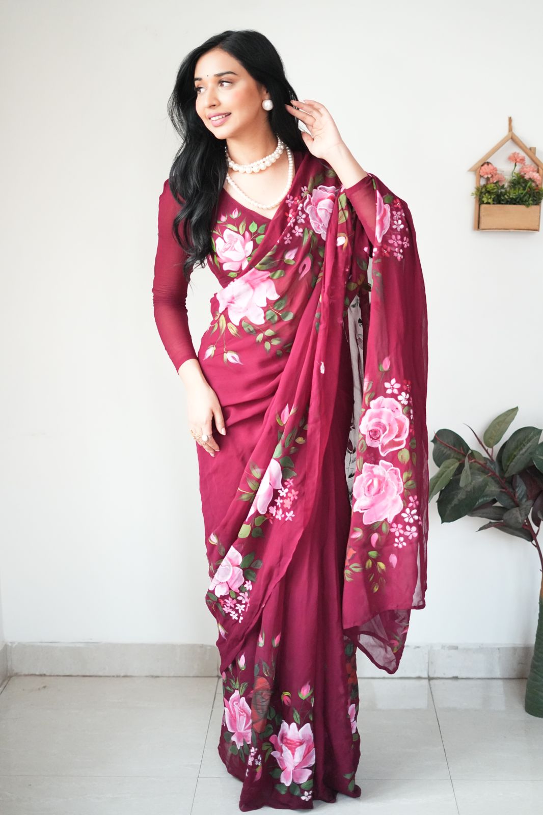 One Minute Ready To Wear Maroon Garden Delight Saree