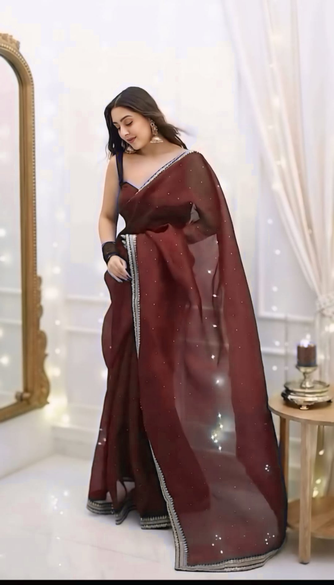 One Minute Ready To Wear Premium Women's Brown Silk Georgette Moti Worked Bordered Saree With Stitch Blouse