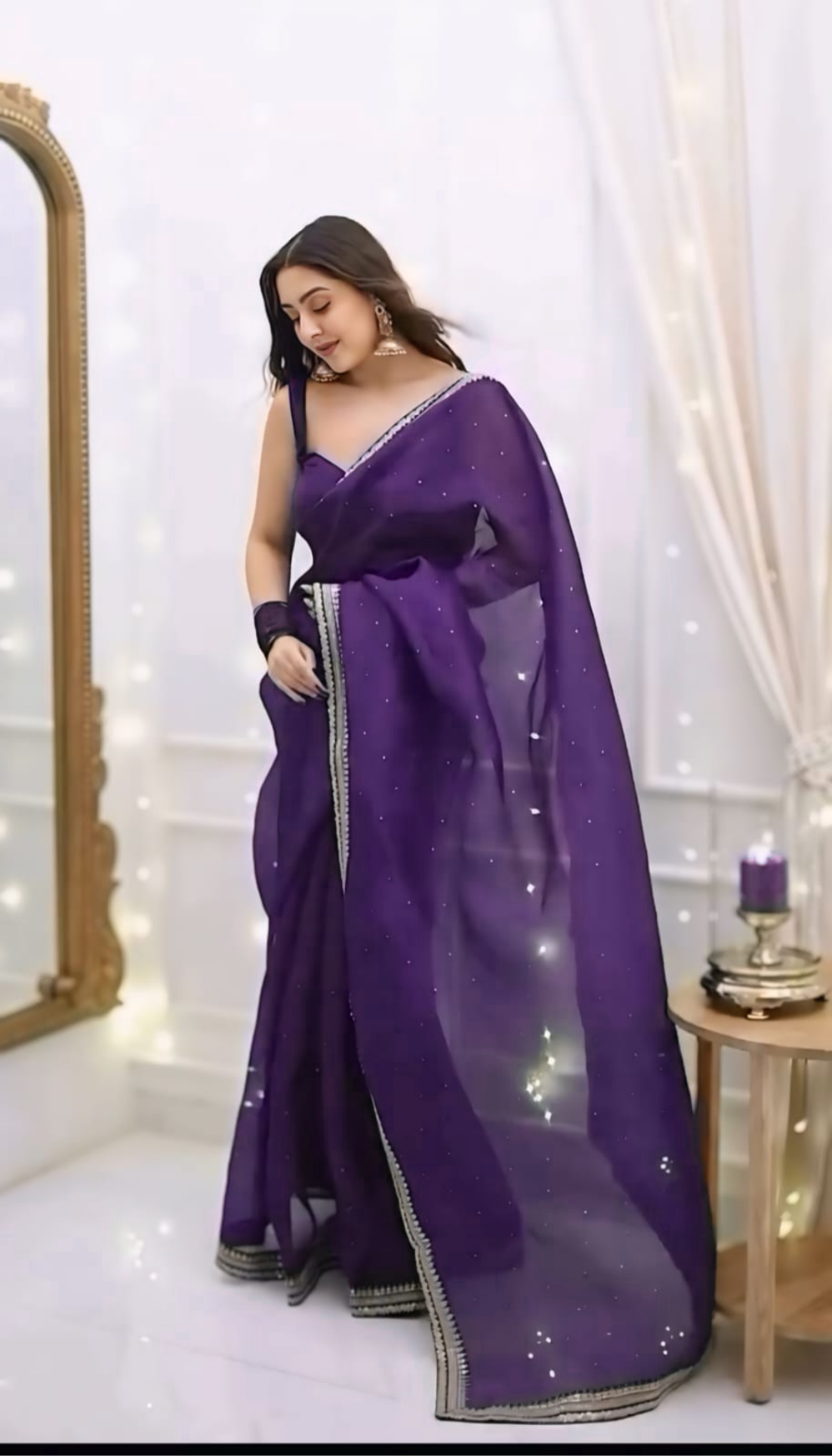 One Minute Ready To Wear Premium Women's Purple Silk Georgette Moti Worked Bordered Saree With Stitch Blouse