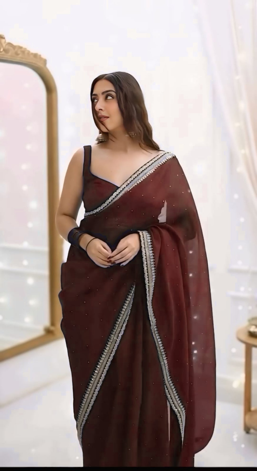 One Minute Ready To Wear Premium Women's Brown Silk Georgette Moti Worked Bordered Saree With Stitch Blouse