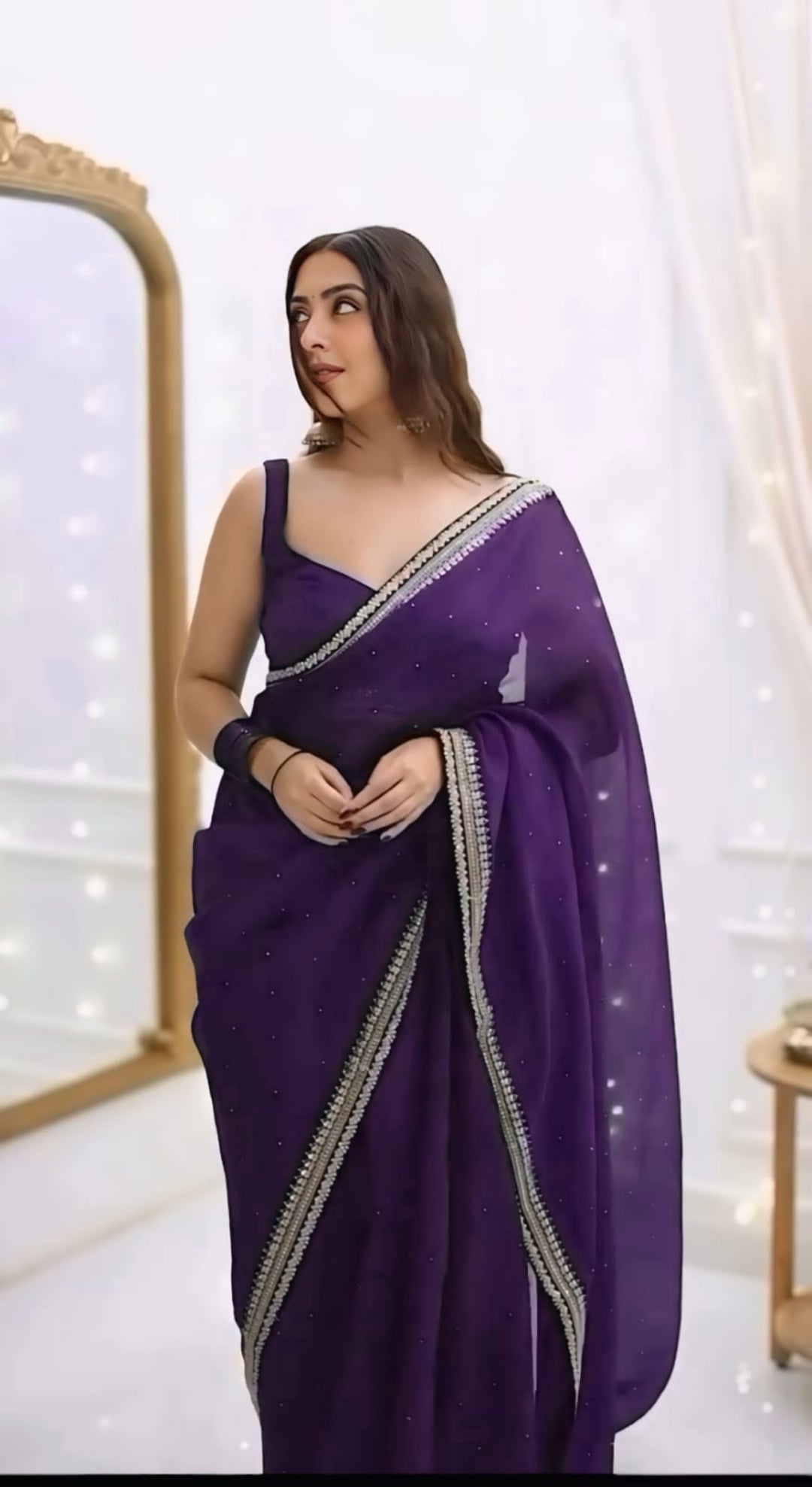 One Minute Ready To Wear Premium Women's Purple Silk Georgette Moti Worked Bordered Saree With Stitch Blouse
