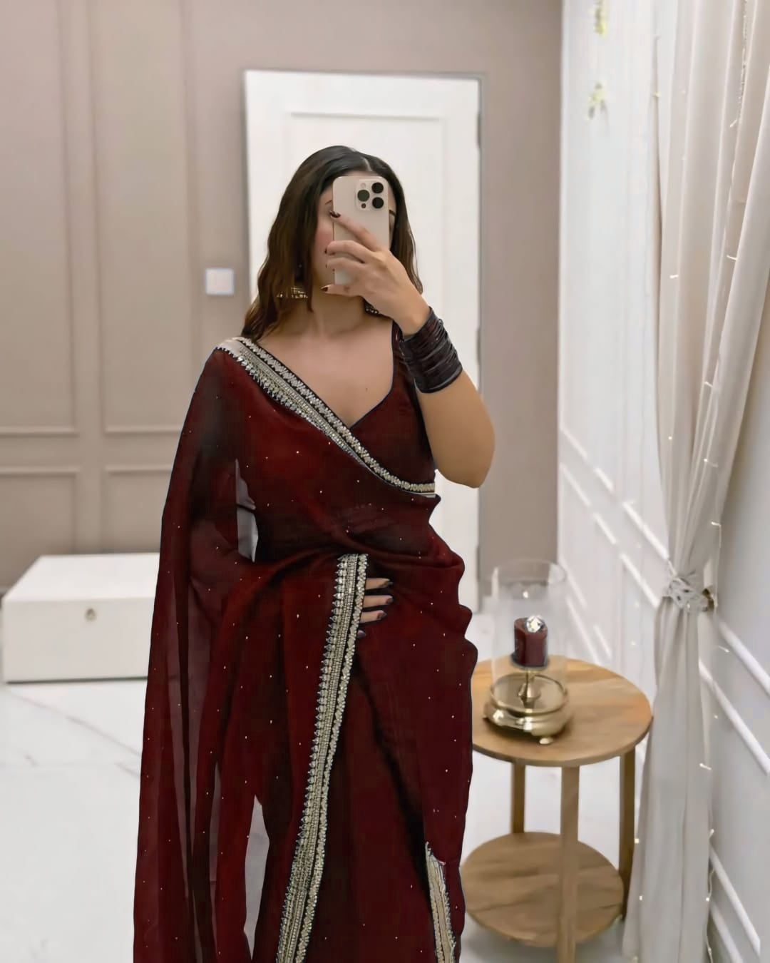 One Minute Ready To Wear Premium Women's Brown Silk Georgette Moti Worked Bordered Saree With Stitch Blouse