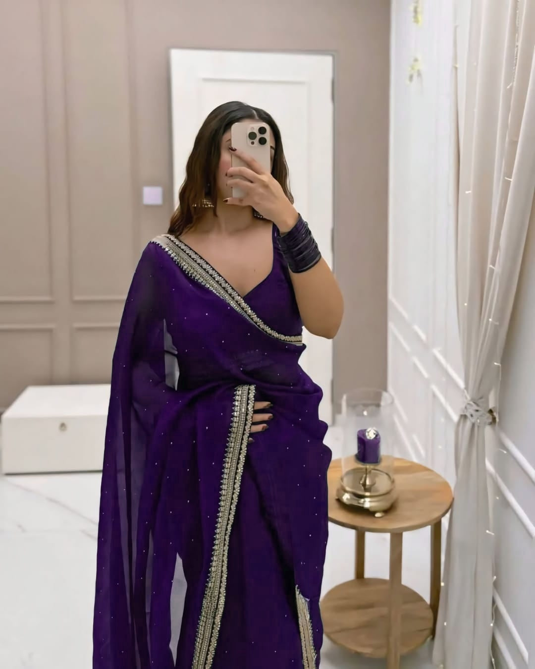 One Minute Ready To Wear Premium Women's Purple Silk Georgette Moti Worked Bordered Saree With Stitch Blouse