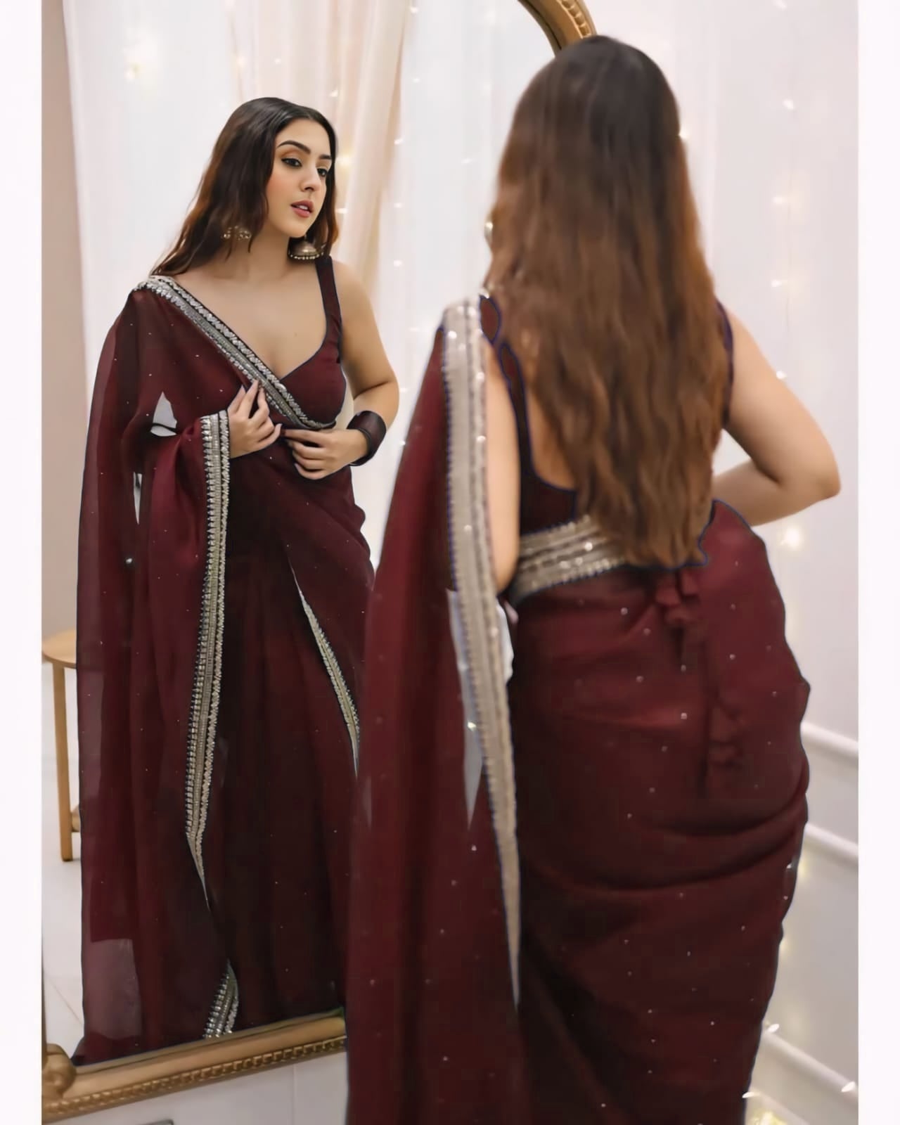 One Minute Ready To Wear Premium Women's Brown Silk Georgette Moti Worked Bordered Saree With Stitch Blouse