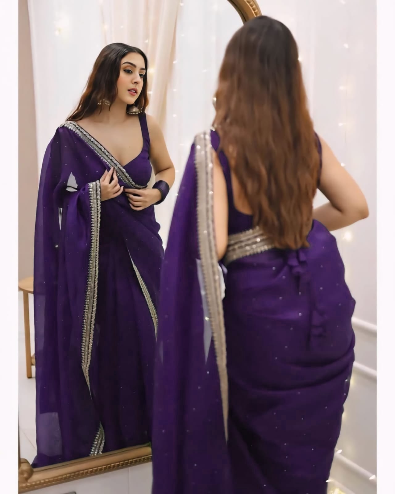 One Minute Ready To Wear Premium Women's Purple Silk Georgette Moti Worked Bordered Saree With Stitch Blouse