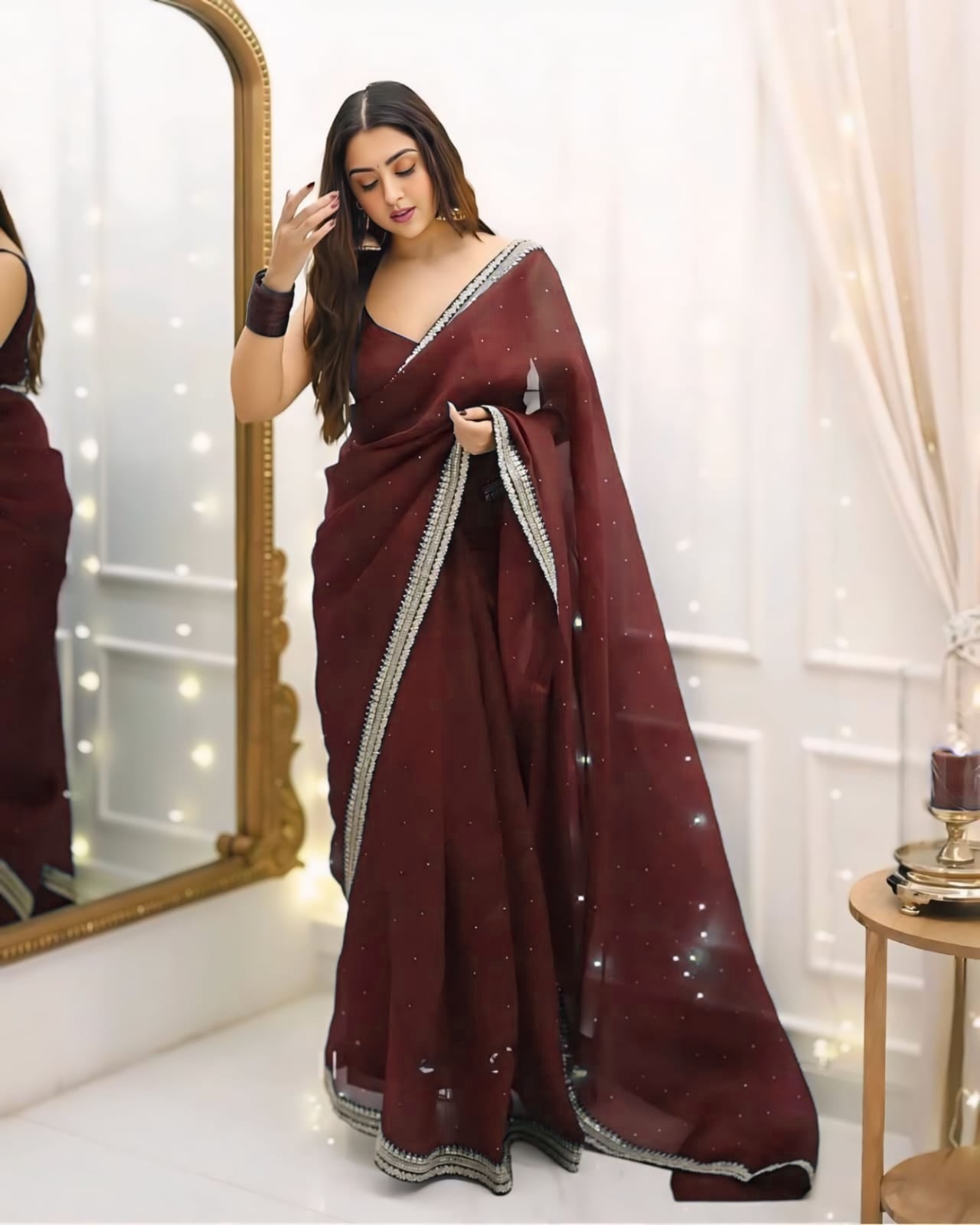 One Minute Ready To Wear Premium Women's Brown Silk Georgette Moti Worked Bordered Saree With Stitch Blouse
