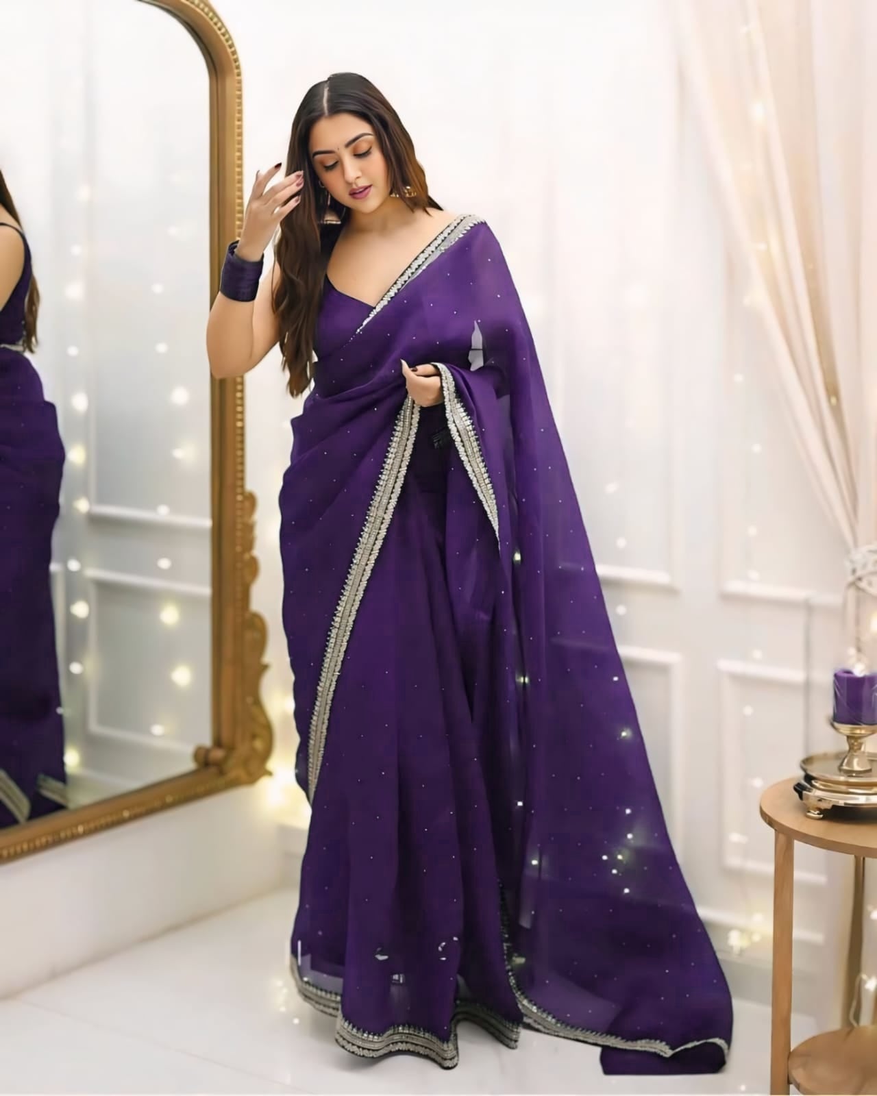 One Minute Ready To Wear Premium Women's Purple Silk Georgette Moti Worked Bordered Saree With Stitch Blouse