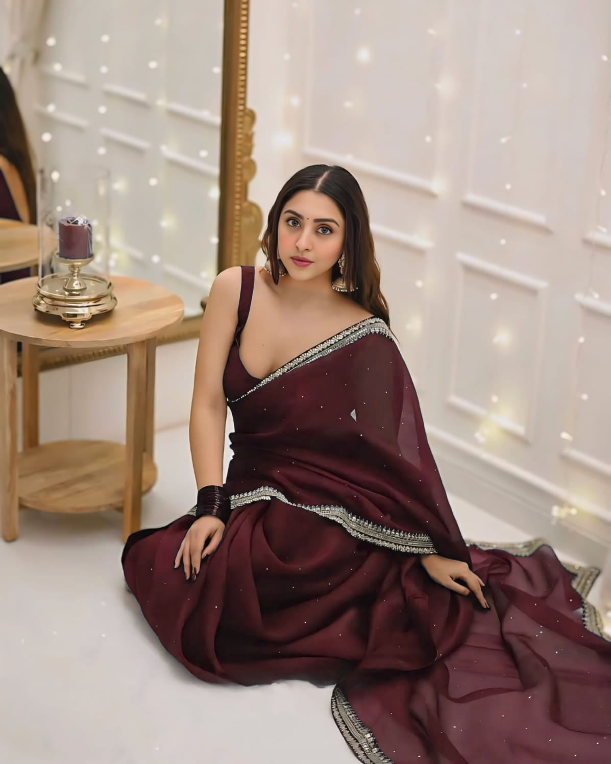 One Minute Ready To Wear Premium Women's Brown Silk Georgette Moti Worked Bordered Saree With Stitch Blouse