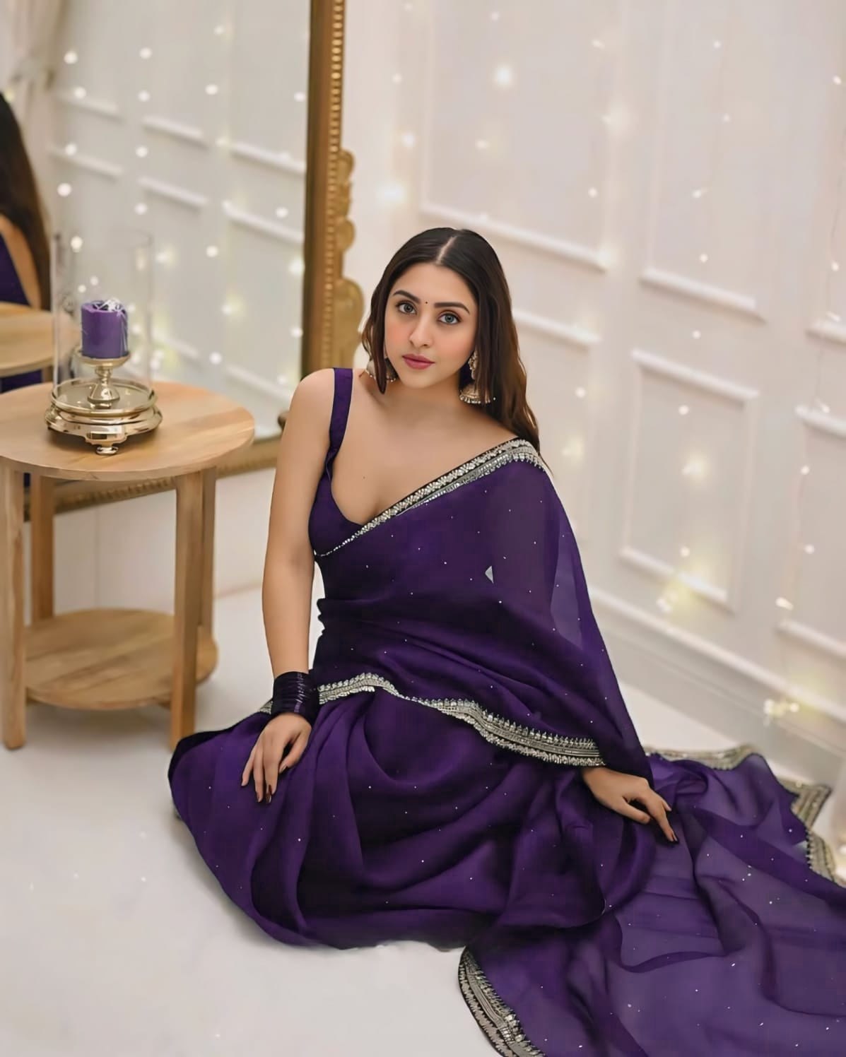 One Minute Ready To Wear Premium Women's Purple Silk Georgette Moti Worked Bordered Saree With Stitch Blouse