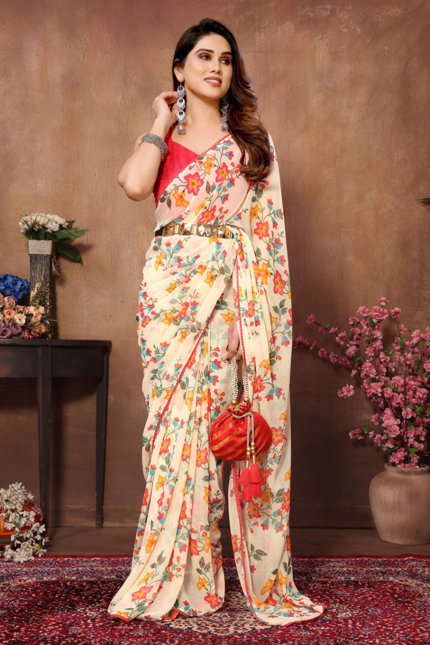 One Minute Ready To Wear Timeless Floral Beige Drapery Saree