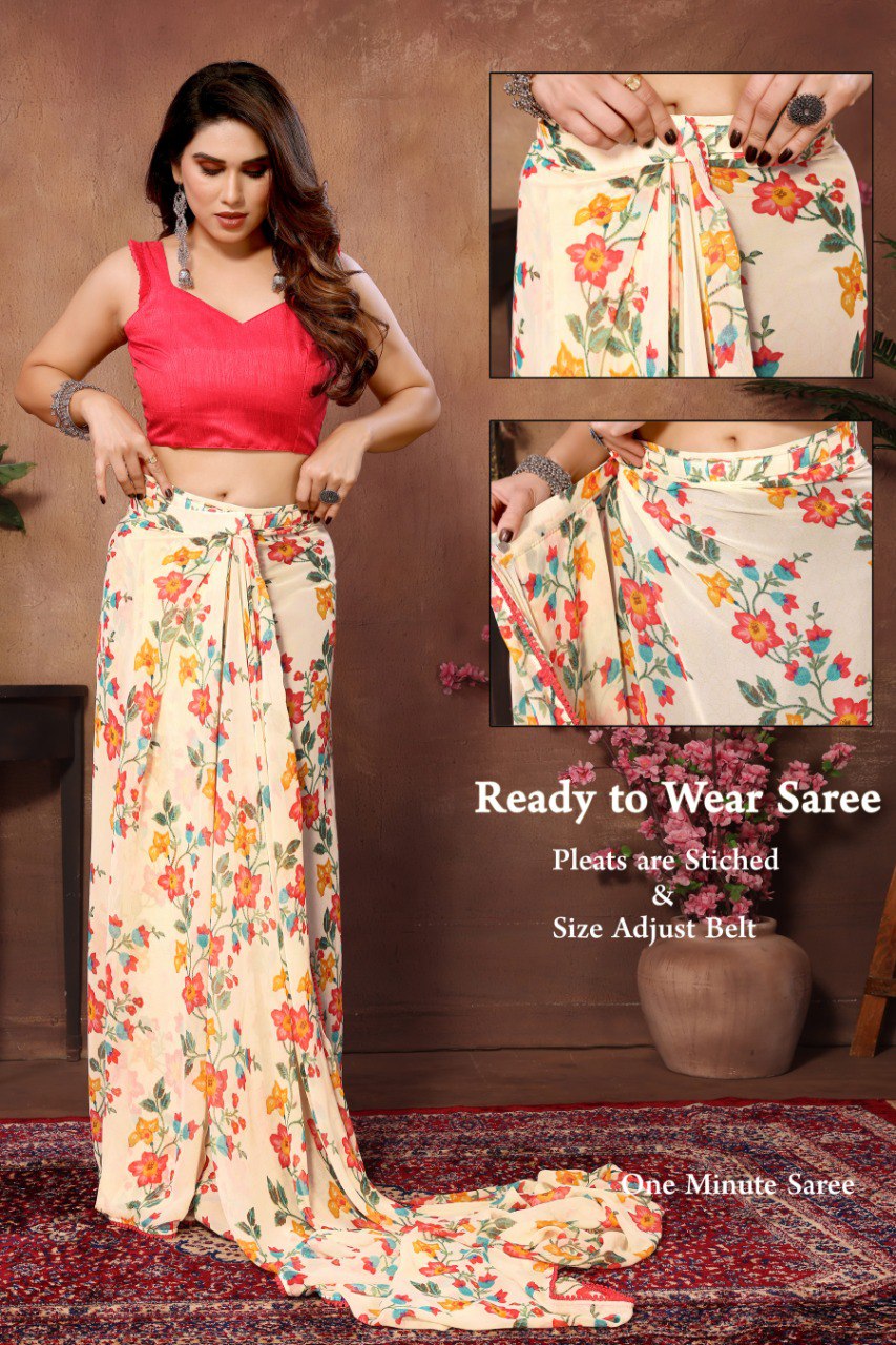One Minute Ready To Wear Timeless Floral Beige Drapery Saree