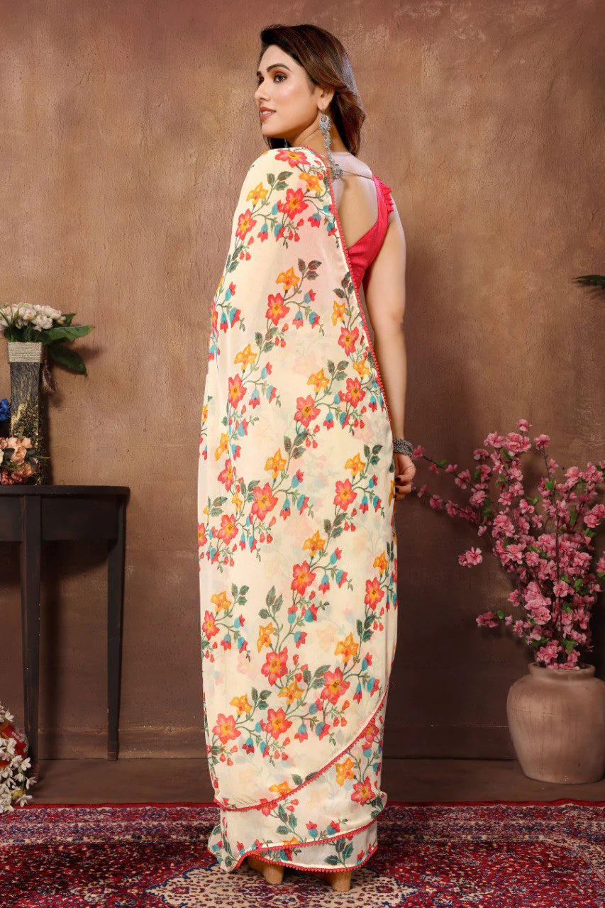 One Minute Ready To Wear Timeless Floral Beige Drapery Saree
