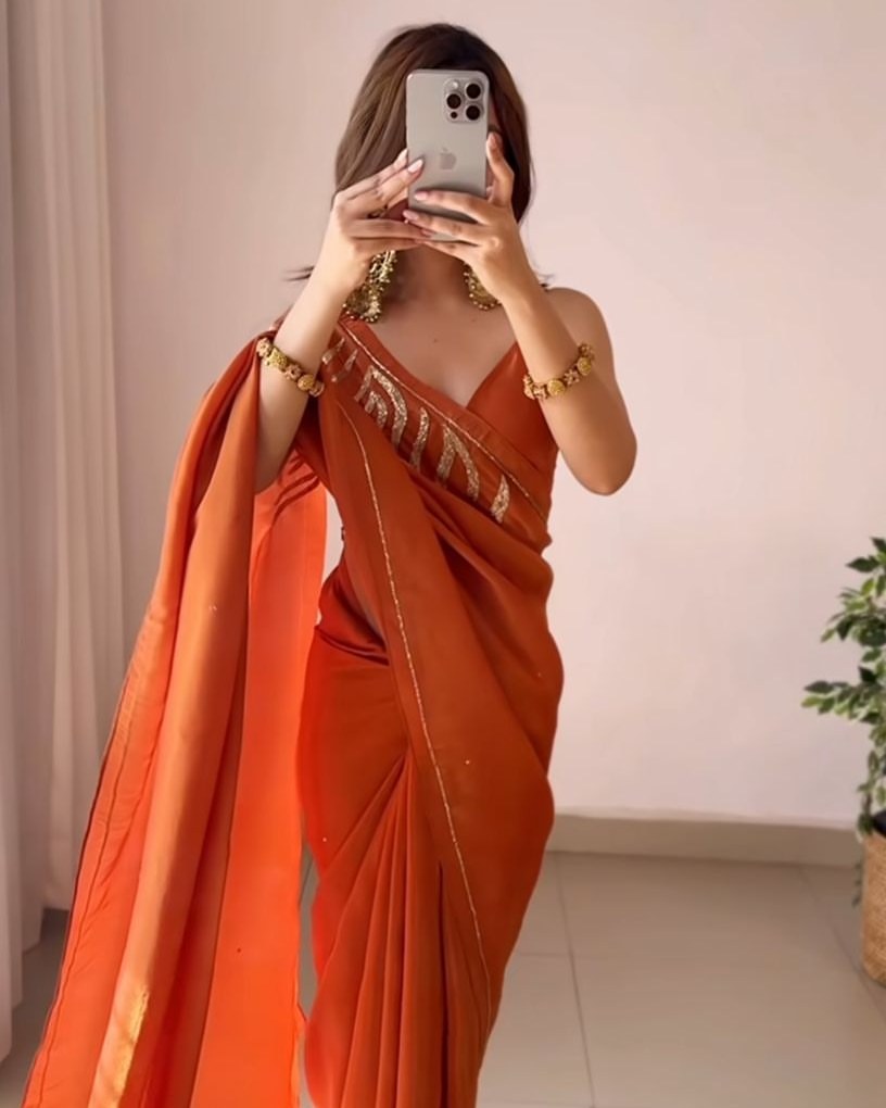 One Minute Ready To Wear Orange Jimmychoo Soft Saree With Stitch Blouse