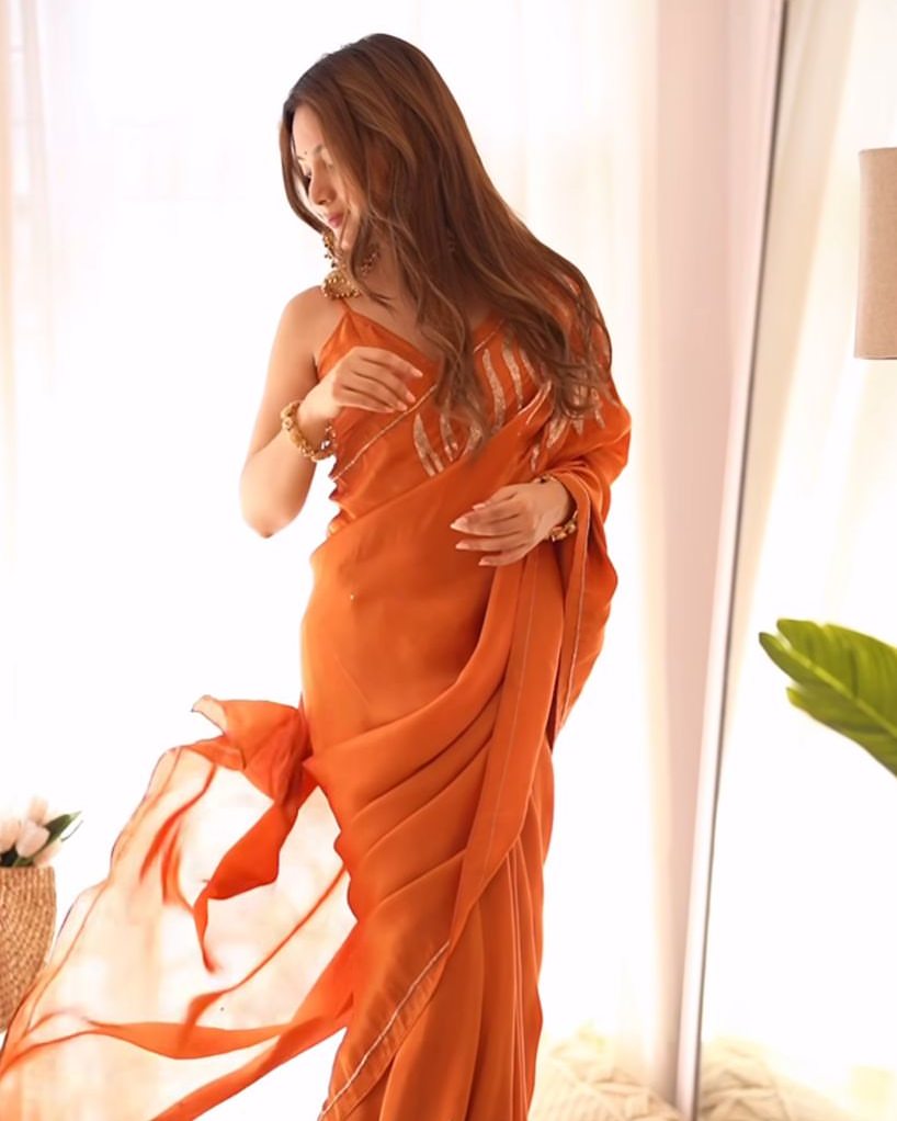 One Minute Ready To Wear Orange Jimmychoo Soft Saree With Stitch Blouse