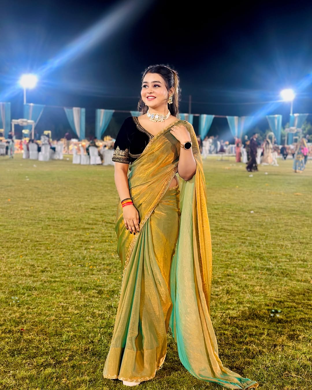 One Minute Ready To Wear Chiffon Embellished Work Two Tone Saree With Stitch Blouse