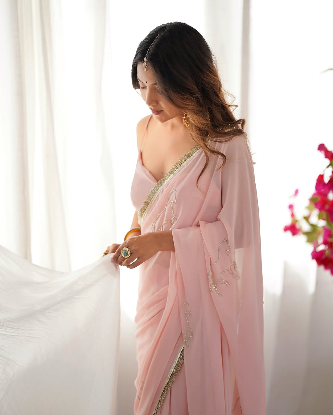 One Minute Ready To Wear Women Sequin Embellished Organza Saree With Stitch Blouse
