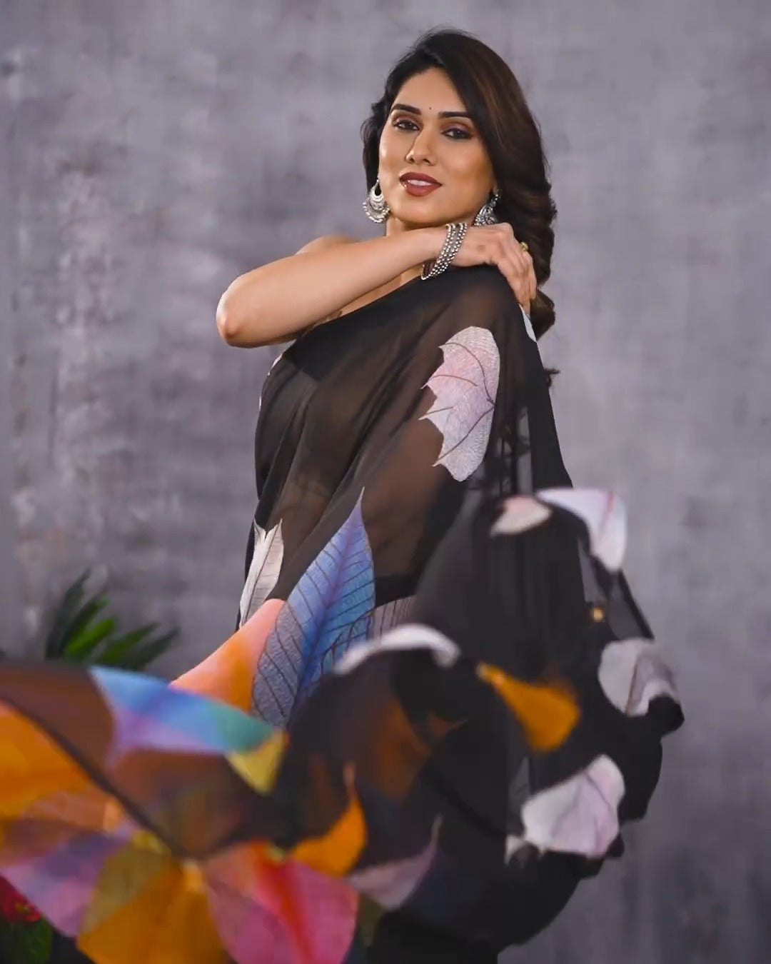 One Minute Ready To Wear Pure Soft Georgette Silk Flower Designed Black Saree