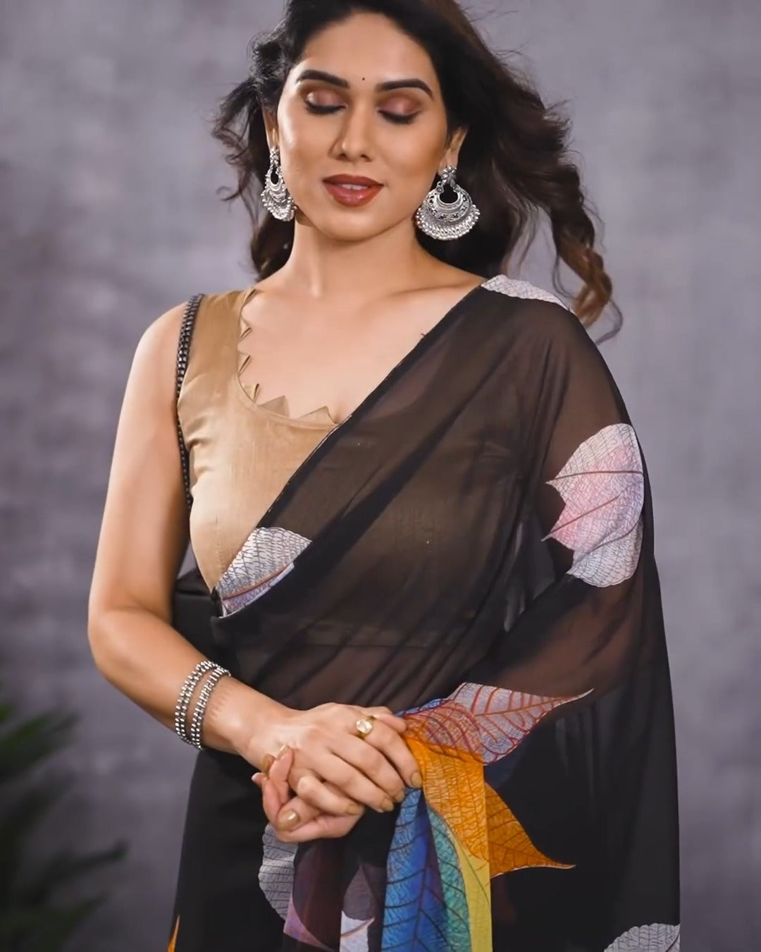 One Minute Ready To Wear Pure Soft Georgette Silk Flower Designed Black Saree