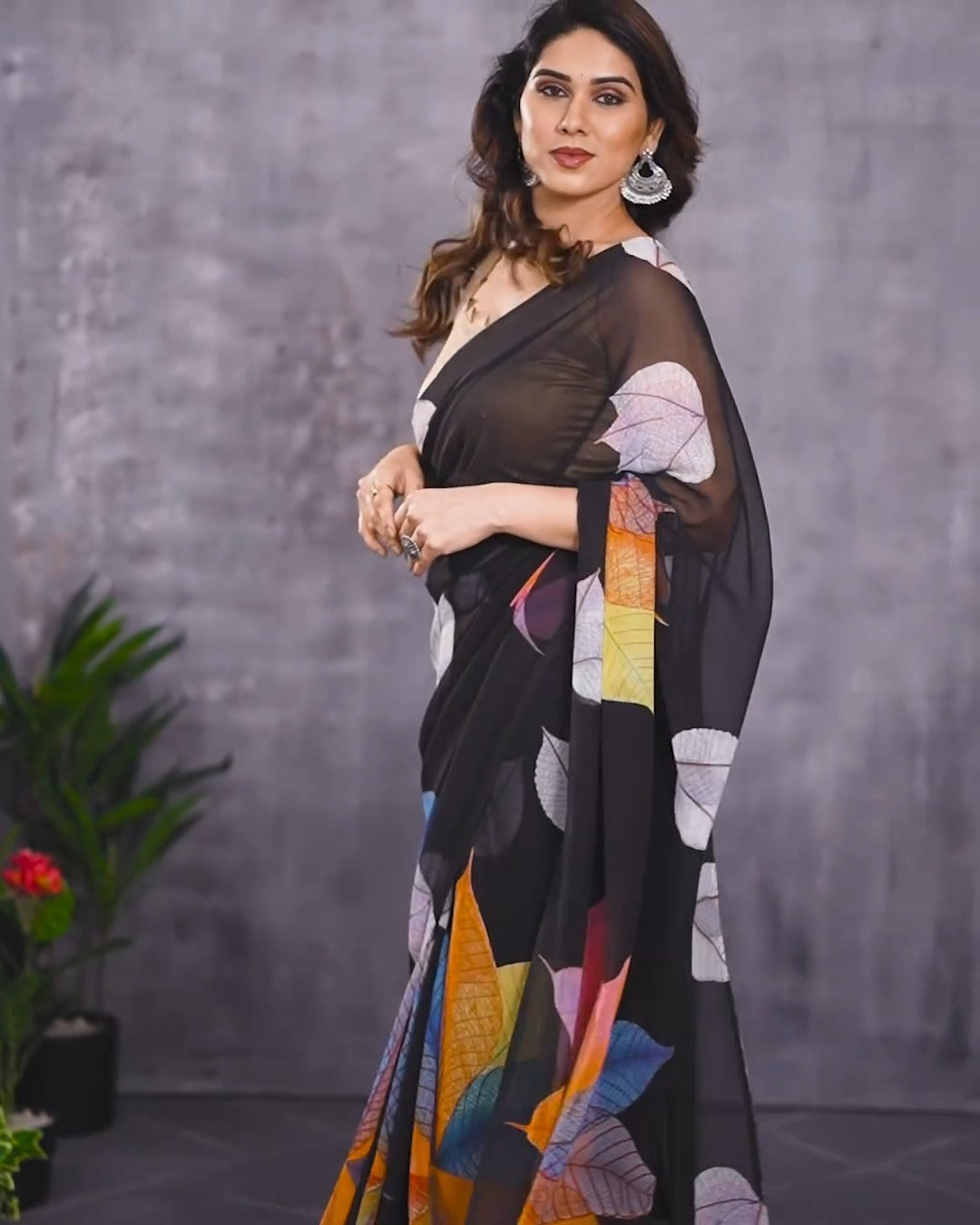 One Minute Ready To Wear Pure Soft Georgette Silk Flower Designed Black Saree