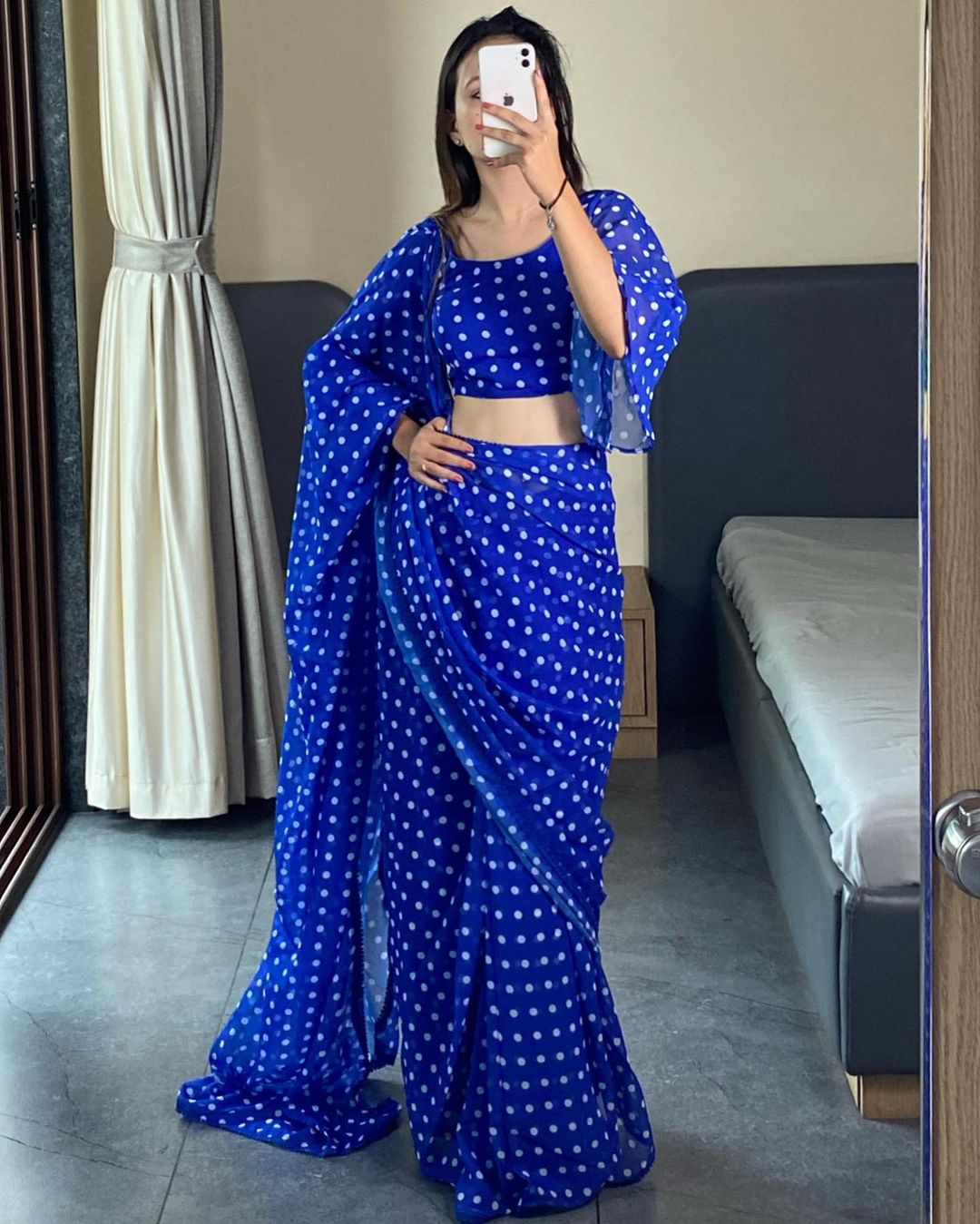 One Minute Ready To Wear Printed Work Blue Georgette Saree