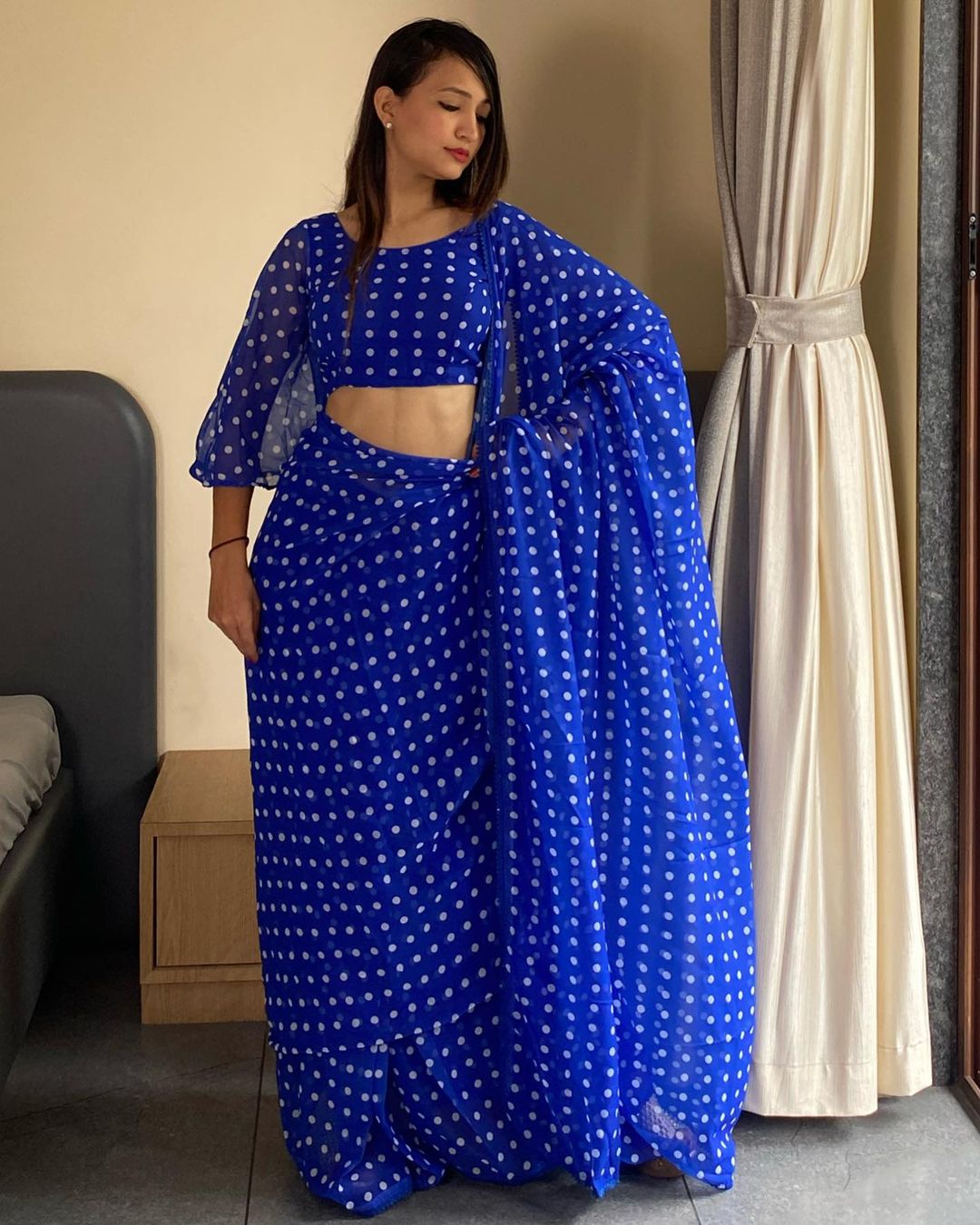 One Minute Ready To Wear Printed Work Blue Georgette Saree