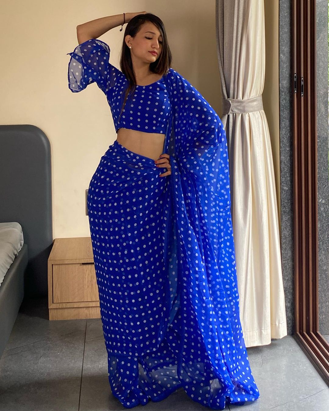 One Minute Ready To Wear Printed Work Blue Georgette Saree