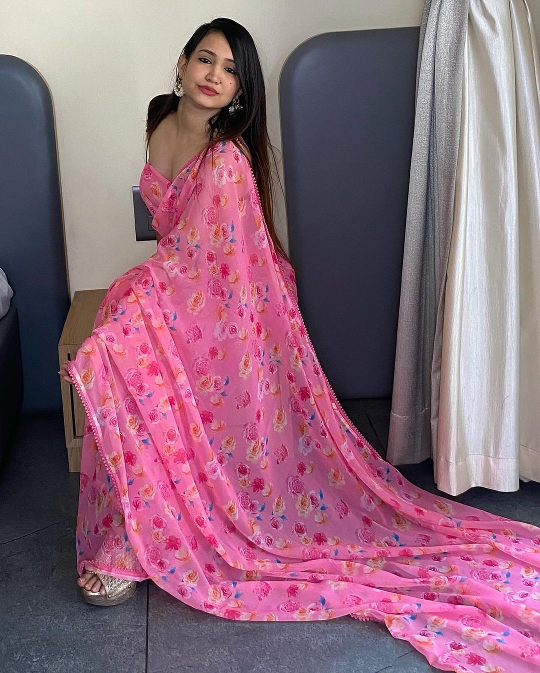 One Minute Ready To Wear Light Pink Georgette With Floral Printed Saree