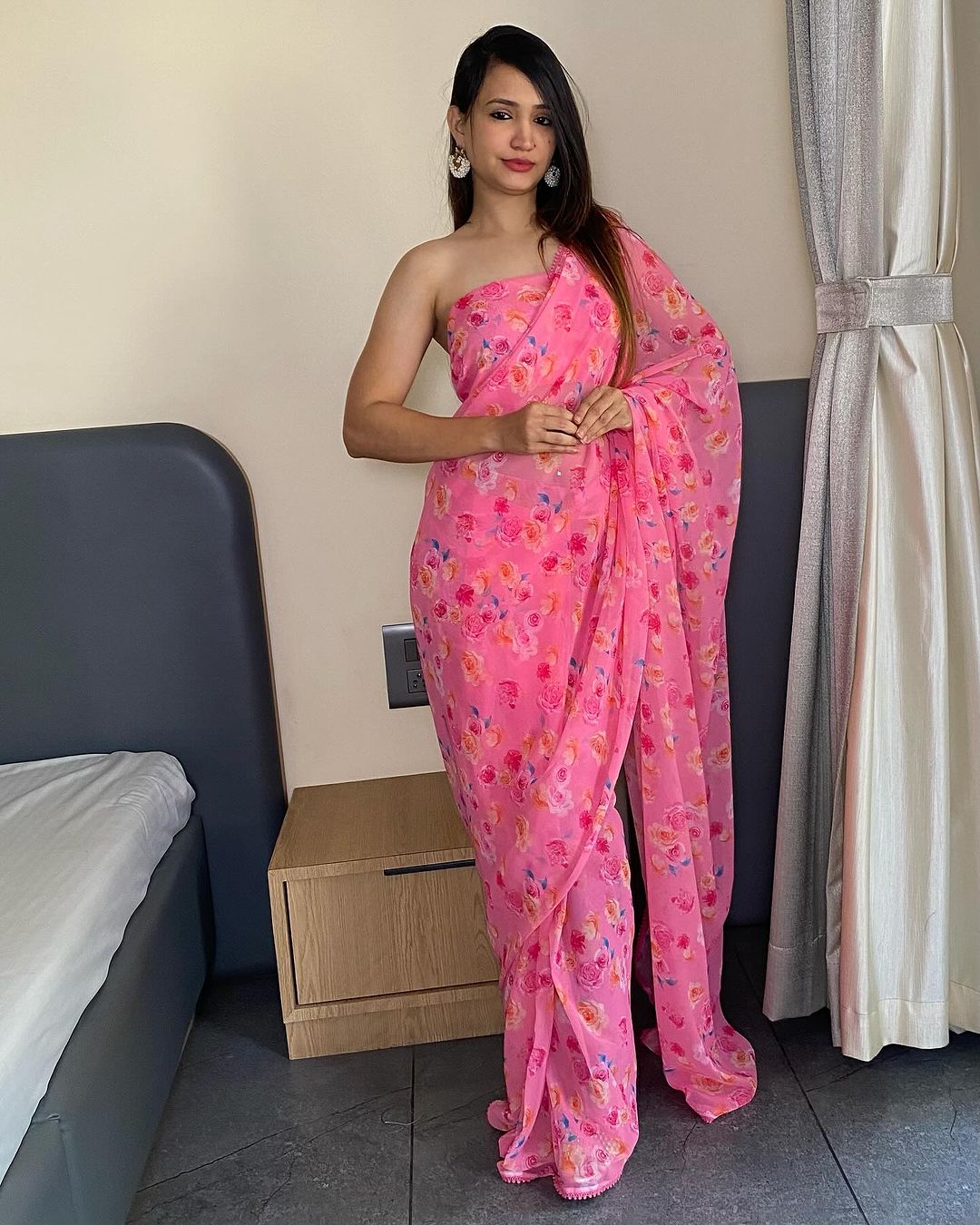 One Minute Ready To Wear Light Pink Georgette With Floral Printed Saree