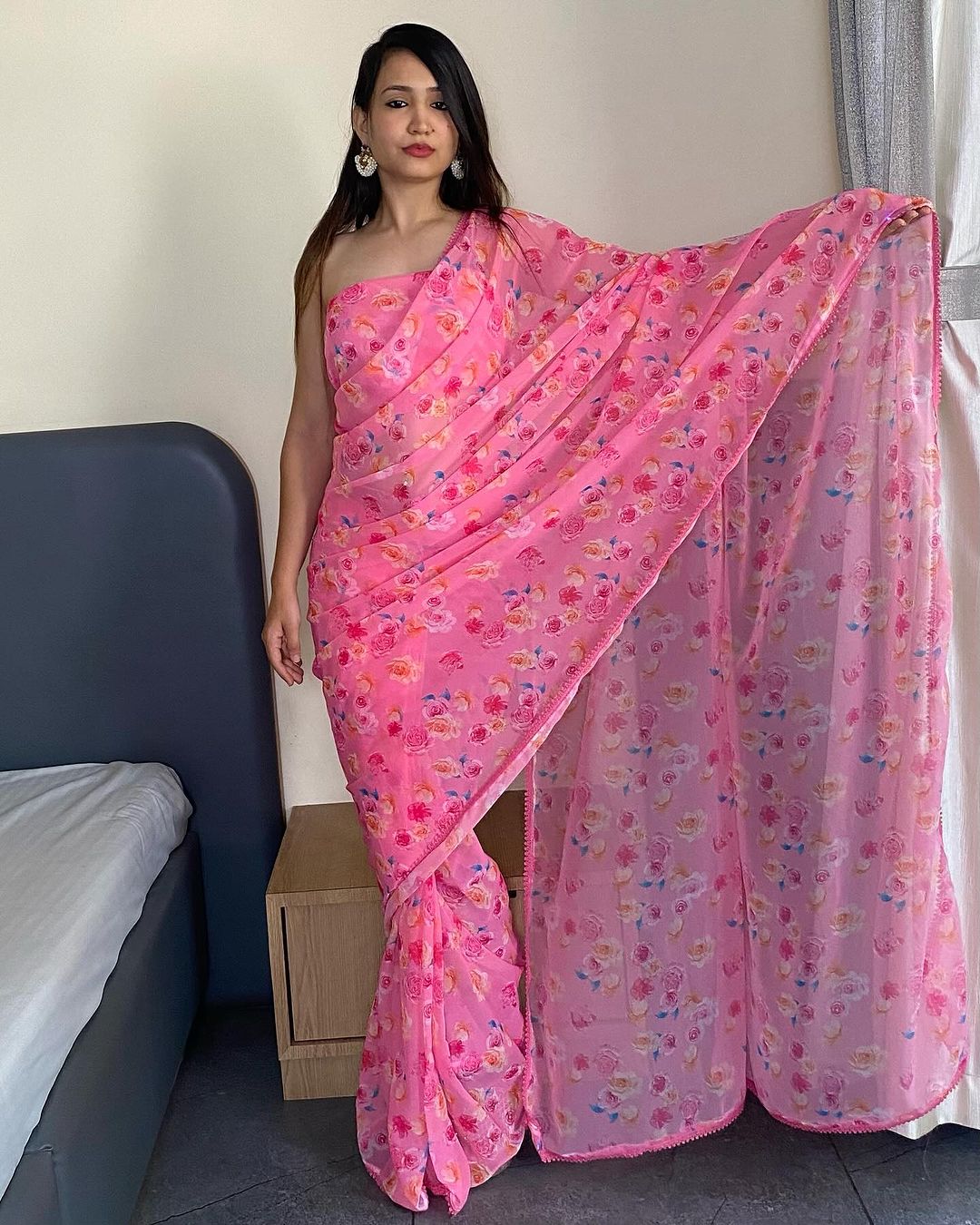 One Minute Ready To Wear Light Pink Georgette With Floral Printed Saree
