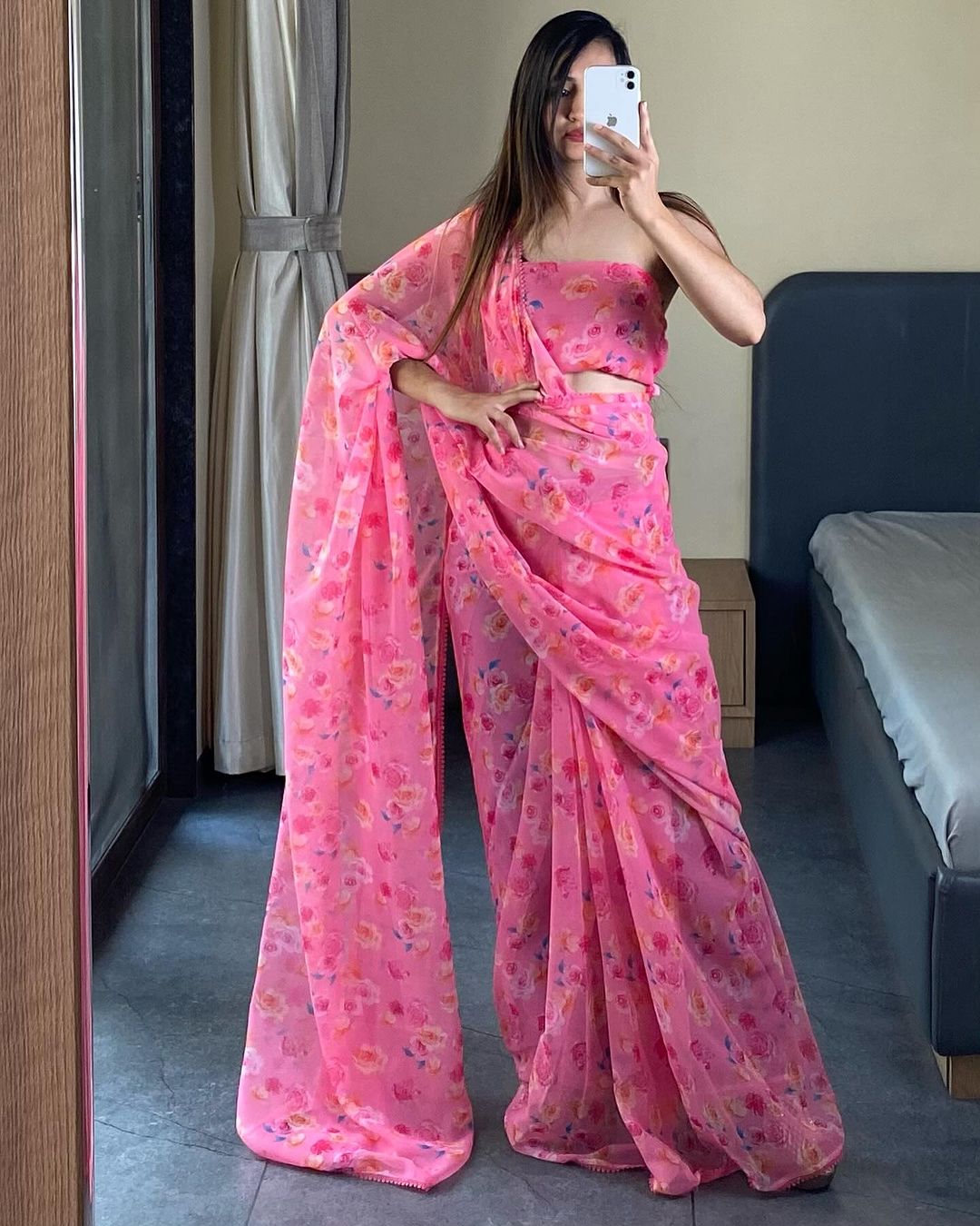 One Minute Ready To Wear Light Pink Georgette With Floral Printed Saree