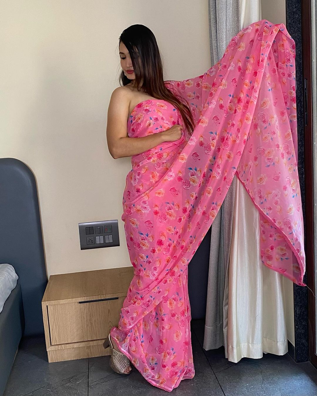 One Minute Ready To Wear Light Pink Georgette With Floral Printed Saree