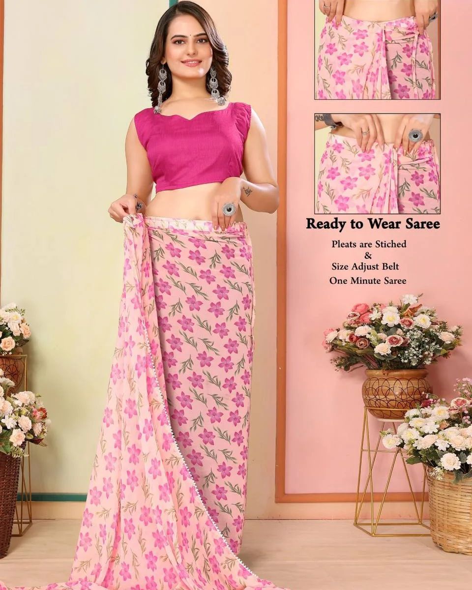 One Minute Ready To Wear Pink Blossom Elegance Saree