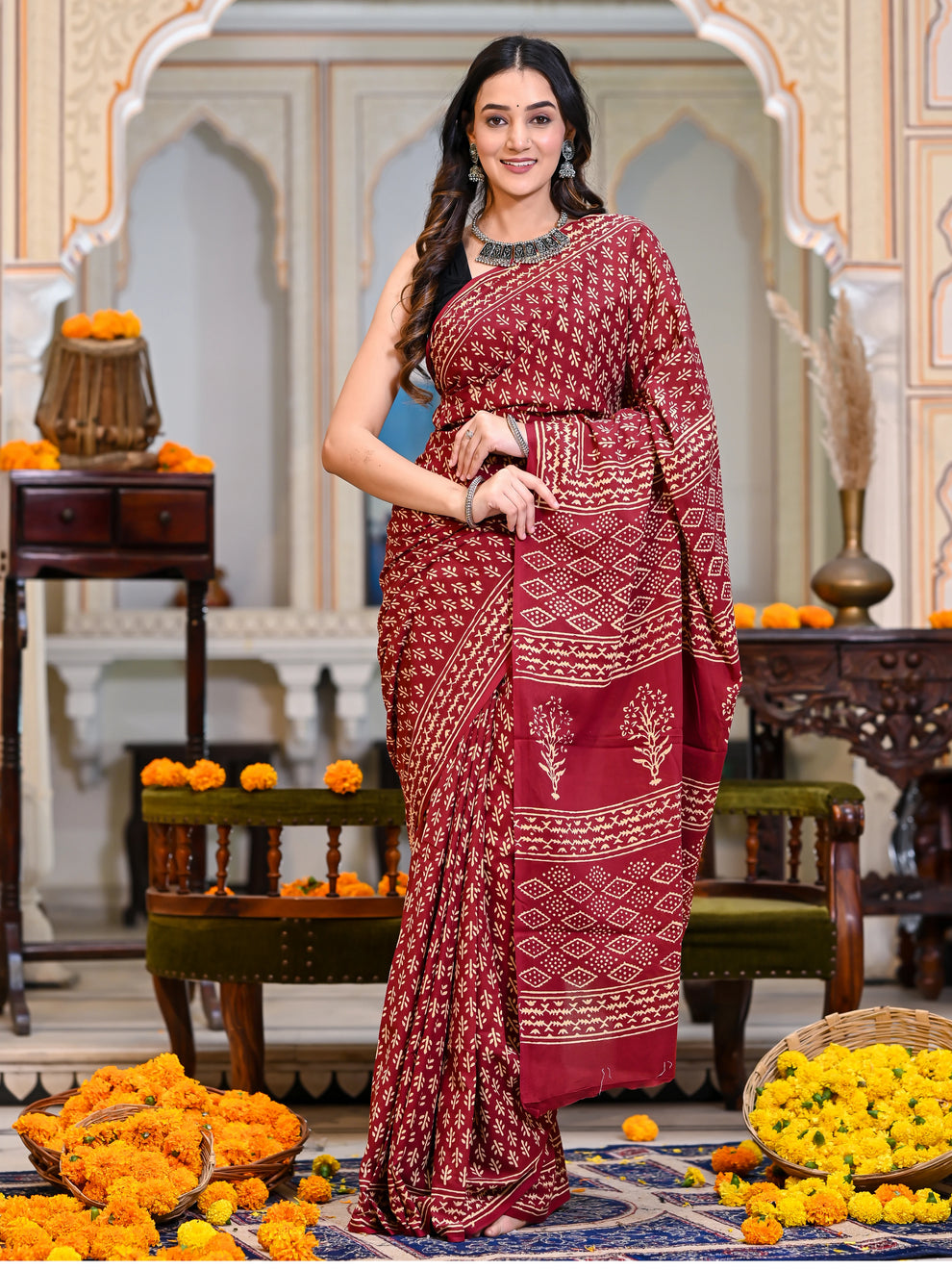 One Minute Ready To Wear Ethnic Motifs Pure Cotton Bagru Saree