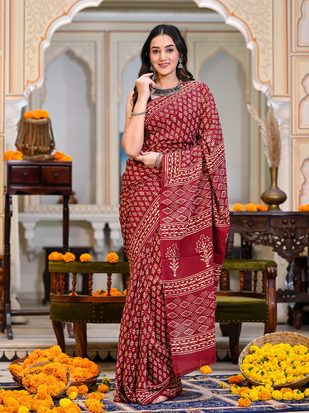 One Minute Ready To Wear Ethnic Motifs Pure Cotton Bagru Saree