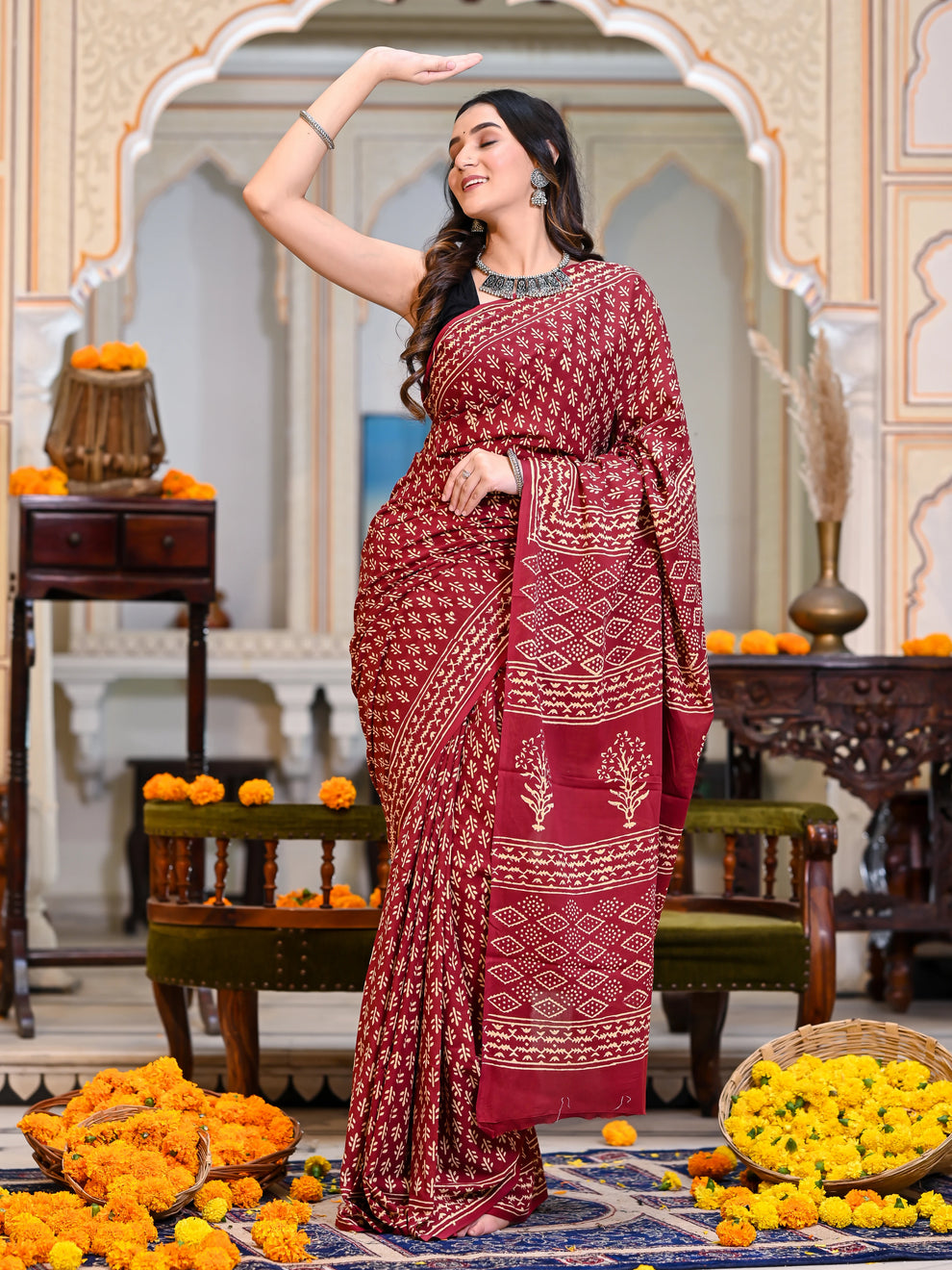 One Minute Ready To Wear Ethnic Motifs Pure Cotton Bagru Saree